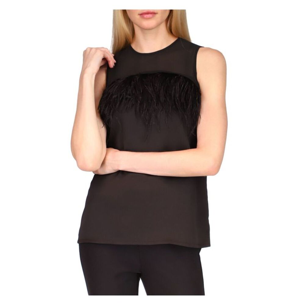 MICHAEL MICHAEL KORS Womens Black Feathered Yoke Closure Sleeveless Top L